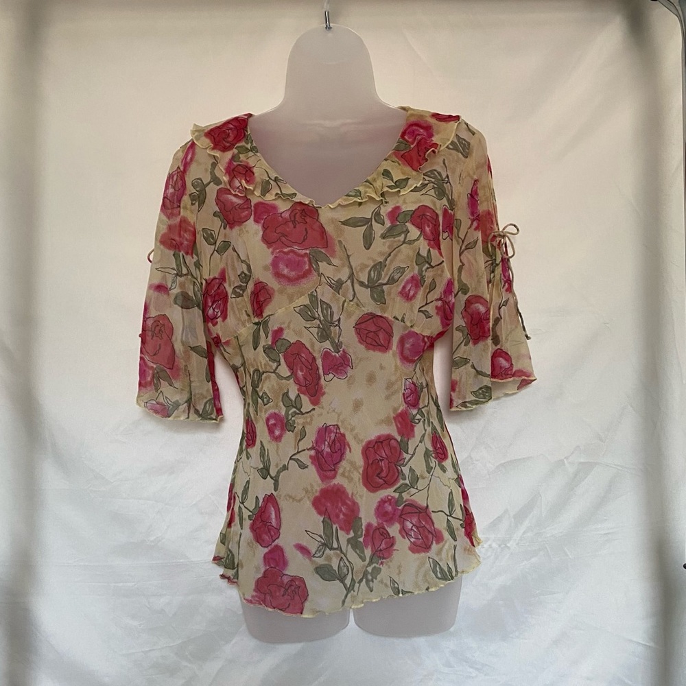 📜🥀 2000s Shear Rose Flower Print Blouse Top